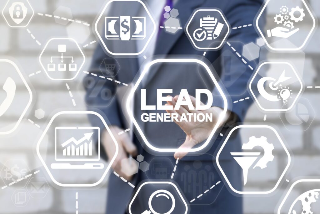 Website graphic showing Lead Generation with a human stood behind it.